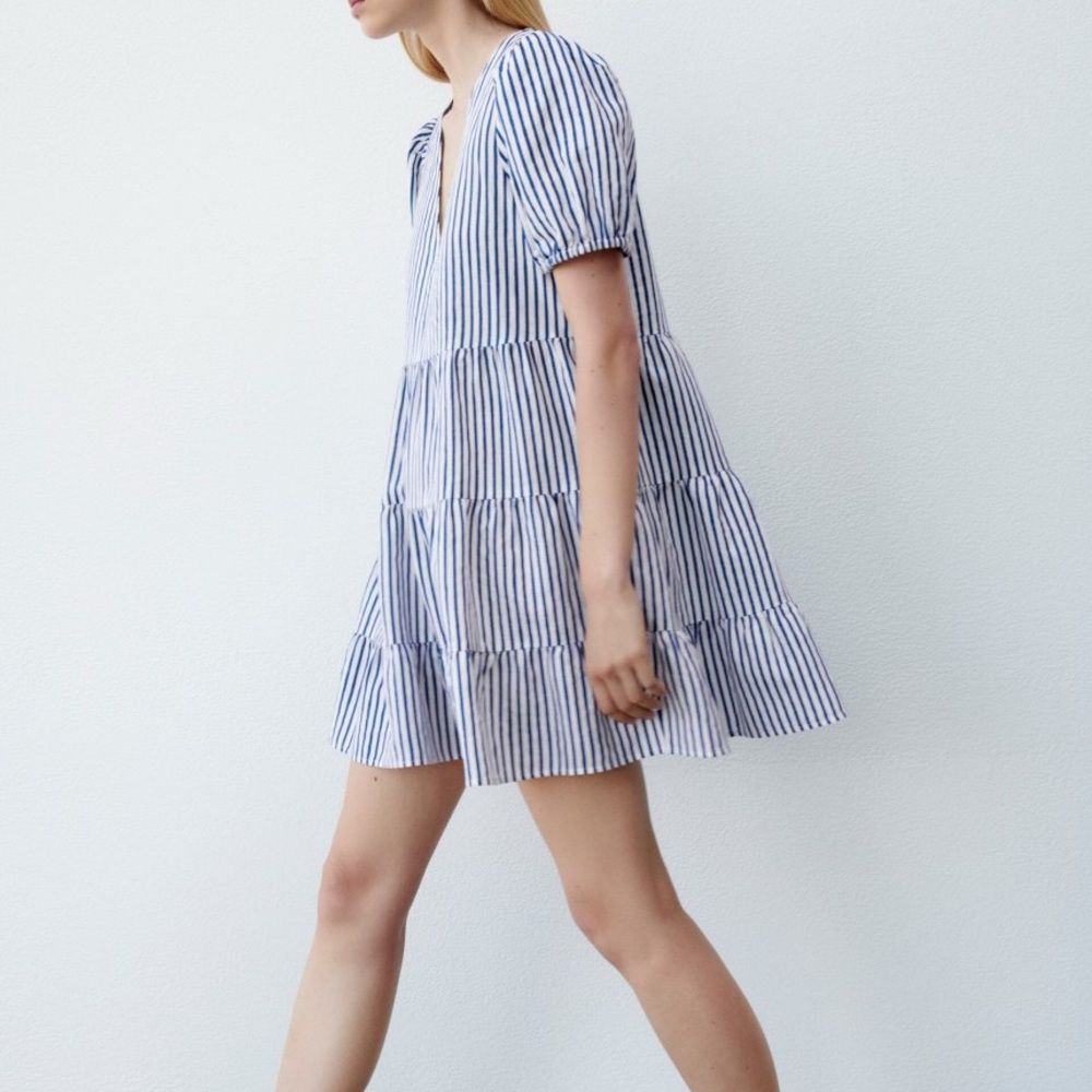 Zara Striped Blue and White Puff Sleeve Dress